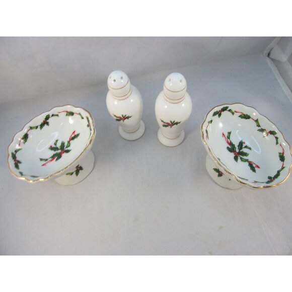Lefton China Holly Salt Pepper Shakers and 2 Pedestal Candy Nut Dish Set - Picture 3 of 11